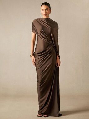 Sunfere Draped One-Shoulder Evening Gown in Chocolate Brown